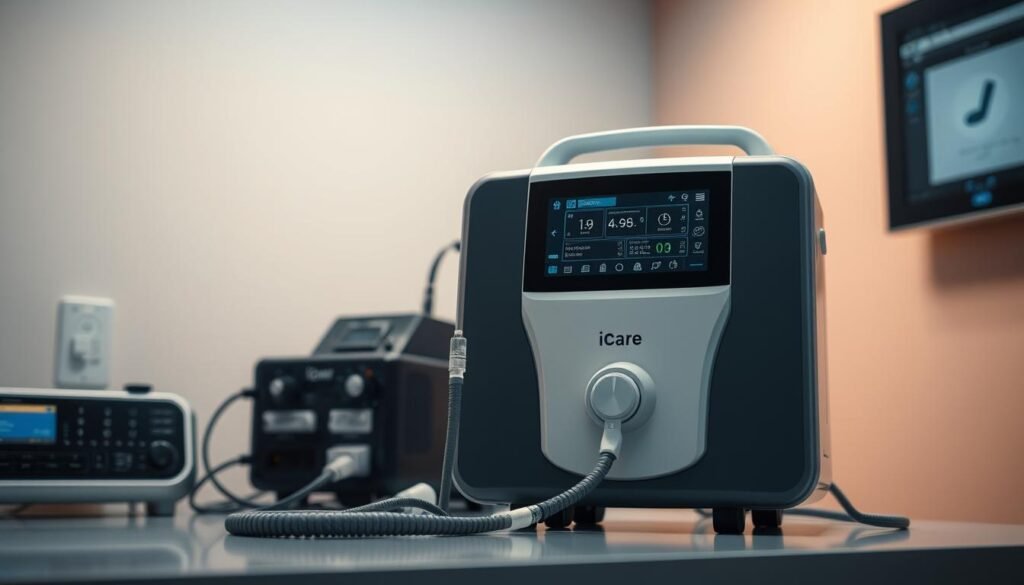 A clinical workspace with an iCareCPAP device, its components carefully arranged. The machine's sleek, modern design stands out against a neutral background, exuding a sense of medical authority. Soft, warm lighting illuminates the scene, casting gentle shadows that highlight the device's intricate details. The image conveys a mood of professionalism and technological sophistication, reflecting the expertise required to troubleshoot and maintain this critical medical equipment. The focus is on the iCareCPAP device, with the surrounding environment minimized to avoid distractions, allowing the viewer to concentrate on the subject matter.
