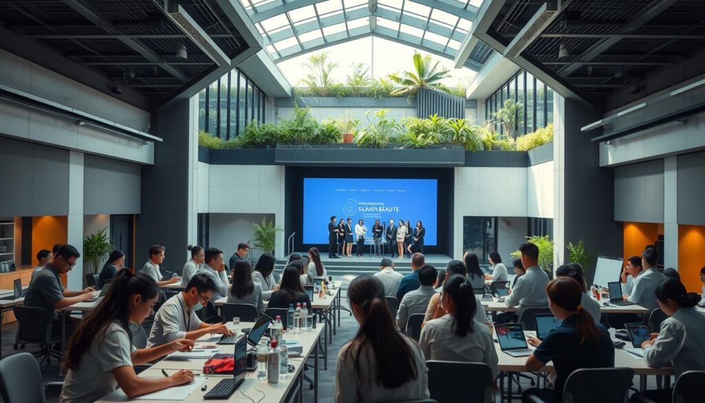 A high-tech training facility with sleek, modern architecture and an abundance of natural light. In the foreground, young professionals engage in hands-on workshops, honing their skills under the guidance of experienced instructors. The middle ground showcases a state-of-the-art presentation theater, where team-building exercises and management training sessions take place. In the background, a lush rooftop garden provides a serene oasis for contemplation and strategic planning. The overall atmosphere exudes a sense of innovation, growth, and the Glowin Beaute brand's commitment to empowering its employees.