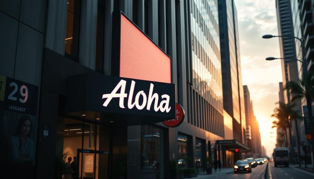 A modern, illuminated LED sign board featuring the brand name "Aloha" in stylized typography. The sign is mounted on the facade of a contemporary urban building, with sleek architectural elements and a minimalist design. The lighting creates a warm, inviting glow that draws the viewer's attention. The scene is set against a backdrop of a lively city street, with pedestrians and vehicles passing by. The image conveys a sense of technological progress and the evolving landscape of outdoor advertising in the year 2025.