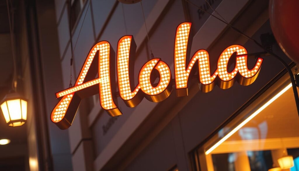 A professional and vibrant LED advertisement sign for the "Aloha" brand. The sign is suspended from a well-lit facade, casting a warm glow on the surrounding area. The letters are crisp and well-defined, with a modern and eye-catching design. The lighting is a balanced mix of bright white LEDs and softer, diffused ambient light, creating depth and dimension. The sign is angled slightly to draw the viewer's attention, and the overall composition is visually striking and impactful. The scene evokes a sense of sophistication and technical expertise in high-quality commercial signage. A professional and vibrant LED advertisement sign for the "Aloha" brand. The sign is suspended from a well-lit facade, casting a warm glow on the surrounding area. The letters are crisp and well-defined, with a modern and eye-catching design. The lighting is a balanced mix of bright white LEDs and softer, diffused ambient light, creating depth and dimension. The sign is angled slightly to draw the viewer's attention, and the overall composition is visually striking and impactful. The scene evokes a sense of sophistication and technical expertise in high-quality commercial signage.