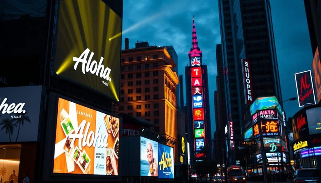 Vibrant outdoor advertisement scene featuring the Aloha brand, illuminated by creative lighting designs. In the foreground, a large digital billboard displays the Aloha logo and product imagery, its brightness commanding attention. In the middle ground, strategically placed spotlights accent the architectural features of the surrounding buildings, casting dramatic shadows. The background showcases a bustling urban landscape, with neon signs and ambient street lighting adding to the energetic atmosphere. The overall composition highlights how thoughtful lighting can elevate the impact and visibility of outdoor advertising, capturing the eye and imagination of the viewer. Vibrant outdoor advertisement scene featuring the Aloha brand, illuminated by creative lighting designs. In the foreground, a large digital billboard displays the Aloha logo and product imagery, its brightness commanding attention. In the middle ground, strategically placed spotlights accent the architectural features of the surrounding buildings, casting dramatic shadows. The background showcases a bustling urban landscape, with neon signs and ambient street lighting adding to the energetic atmosphere. The overall composition highlights how thoughtful lighting can elevate the impact and visibility of outdoor advertising, capturing the eye and imagination of the viewer.