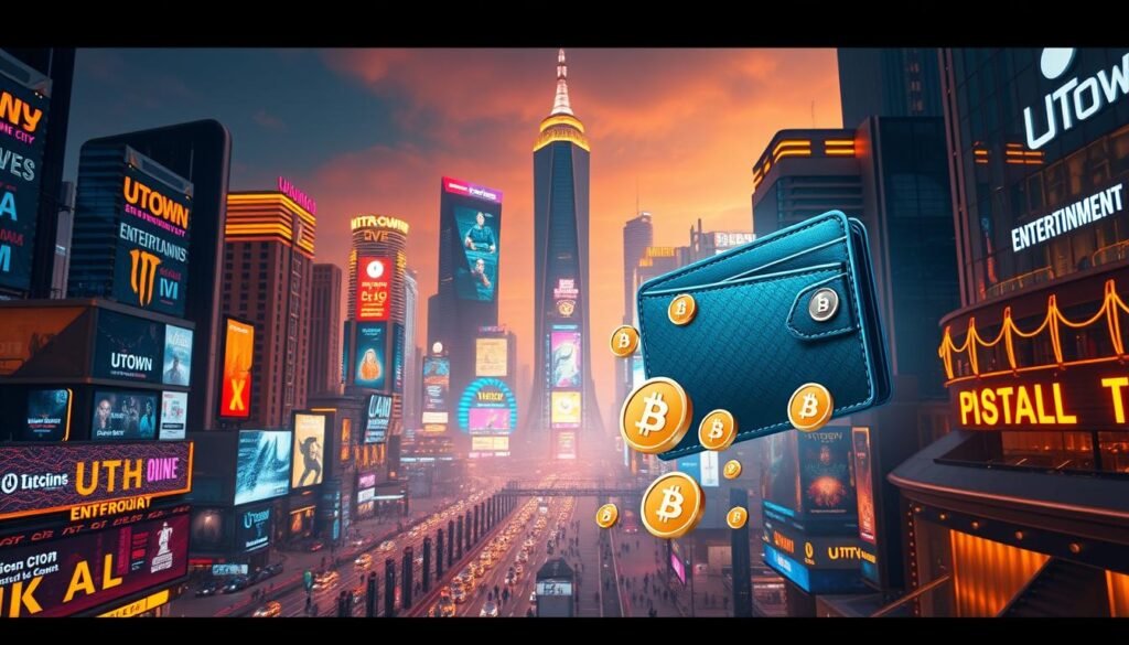 A bustling cityscape of UTown Entertainment City, a modern metropolis illuminated by the glow of neon signs and digital displays. Towering skyscrapers and sleek, futuristic architecture create an atmosphere of technological advancement. In the foreground, a digital wallet and cryptocurrency icons float amidst a haze of data streams, representing the seamless integration of digital finance within this thriving urban landscape. Warm, dynamic lighting casts a vibrant, energetic mood, highlighting the city's technological prowess and its cutting-edge position in the world of cryptocurrency. The scene conveys a sense of progress, innovation, and the fusion of traditional entertainment with the cutting edge of digital finance.