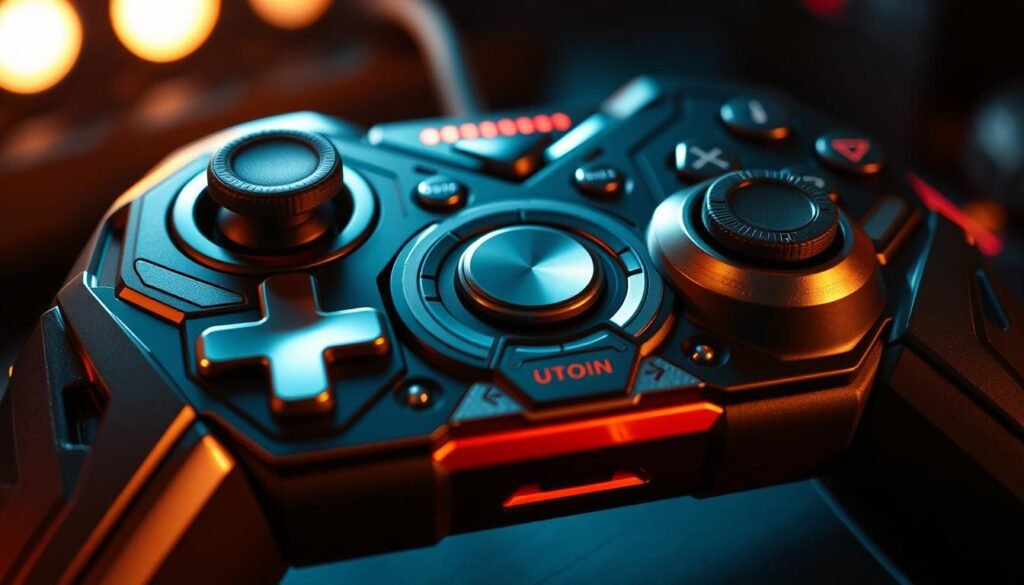 A close-up view of the UTown "rsg雷神之鎚" game controller, featuring an intricate, futuristic design with metallic accents and a prominent central button. The controller is illuminated by dramatic lighting, casting dynamic shadows and highlighting the sleek, cutting-edge aesthetic. The camera angle emphasizes the controller's tactile, high-tech feel, inviting the viewer to imagine the enhanced gaming experience that the technical upgrades have enabled. A close-up view of the UTown "rsg雷神之鎚" game controller, featuring an intricate, futuristic design with metallic accents and a prominent central button. The controller is illuminated by dramatic lighting, casting dynamic shadows and highlighting the sleek, cutting-edge aesthetic. The camera angle emphasizes the controller's tactile, high-tech feel, inviting the viewer to imagine the enhanced gaming experience that the technical upgrades have enabled.