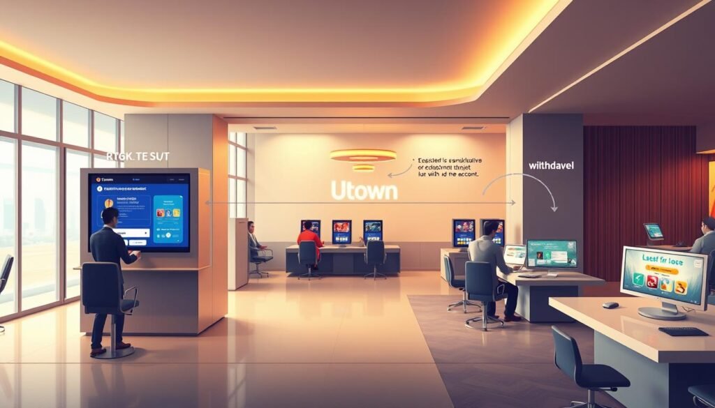 A detailed and photorealistic illustration showcasing the deposit and withdrawal process at UTown entertainment complex. Depicted in a clean, minimalist style with a focus on key steps - registering an account, making a deposit via bank transfer or e-wallet, and seamlessly withdrawing winnings. Bright, modern interiors with sleek interfaces and intuitive UI elements guide the user experience. Warm, inviting lighting casts a professional, trustworthy atmosphere. The entire flow is presented from an objective, third-person perspective to convey transparency and reliability. A detailed and photorealistic illustration showcasing the deposit and withdrawal process at UTown entertainment complex. Depicted in a clean, minimalist style with a focus on key steps - registering an account, making a deposit via bank transfer or e-wallet, and seamlessly withdrawing winnings. Bright, modern interiors with sleek interfaces and intuitive UI elements guide the user experience. Warm, inviting lighting casts a professional, trustworthy atmosphere. The entire flow is presented from an objective, third-person perspective to convey transparency and reliability.