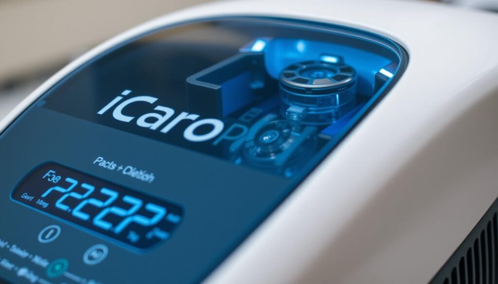A detailed close-up of a high-tech medical device with the brand name "iCareCPAP" prominently displayed. The device features a sleek, modern design with a curved, futuristic form factor. The surface is made of a durable, scratch-resistant material, likely a high-quality plastic or metal alloy. The device has a large, easy-to-read digital display that shows various monitoring and control settings. Intricate interior mechanisms are visible through translucent panels, conveying a sense of advanced engineering and functionality. The lighting is soft and even, creating a soothing, clinical atmosphere. The angle is slightly angled, highlighting the device's sophisticated design. The background is blurred, keeping the focus on the main subject.