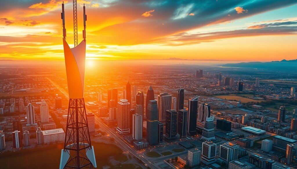 A futuristic 5G network blueprint, showcasing Telecombrother's cutting-edge technology. In the foreground, a sleek, angular 5G tower rises against a vibrant sky, bathed in warm, golden light. The middle ground features a cityscape of towering skyscrapers, their windows glowing with the promise of high-speed connectivity. In the background, a sprawling landscape of rolling hills and distant mountains, hinting at the widespread coverage of the 5G network. The scene conveys a sense of progress, innovation, and the seamless integration of advanced telecommunications infrastructure into the urban landscape. The image is captured through a wide-angle lens, lending a sense of grandeur and scale to the 5G Plan vision.