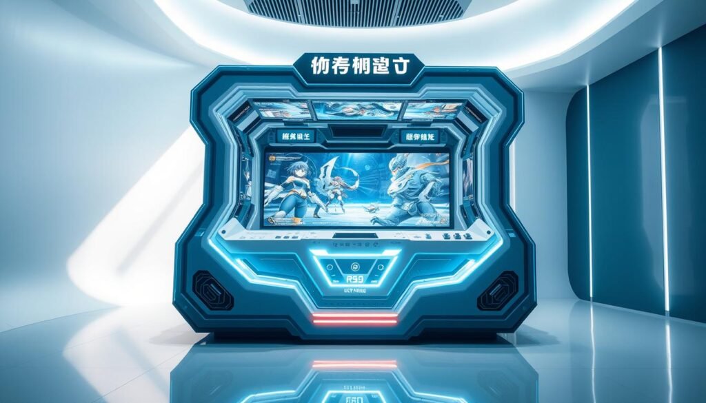 A futuristic scene of a cutting-edge gaming kiosk showcasing the innovative mechanics of the "UTown rsg雷神之鎚" game. The kiosk stands in a sleek, minimalist environment with a striking blue and white color scheme. The display features vivid, dynamic graphics that immerse the player, hinting at the game's dynamic combat and transformative abilities. Intricate mechanical details and intuitive controls suggest a seamless and engaging user experience. Soft, directional lighting accentuates the kiosk's sculptural form and creates an atmosphere of technological wonder, drawing the viewer into the game's innovative world. A futuristic scene of a cutting-edge gaming kiosk showcasing the innovative mechanics of the "UTown rsg雷神之鎚" game. The kiosk stands in a sleek, minimalist environment with a striking blue and white color scheme. The display features vivid, dynamic graphics that immerse the player, hinting at the game's dynamic combat and transformative abilities. Intricate mechanical details and intuitive controls suggest a seamless and engaging user experience. Soft, directional lighting accentuates the kiosk's sculptural form and creates an atmosphere of technological wonder, drawing the viewer into the game's innovative world.