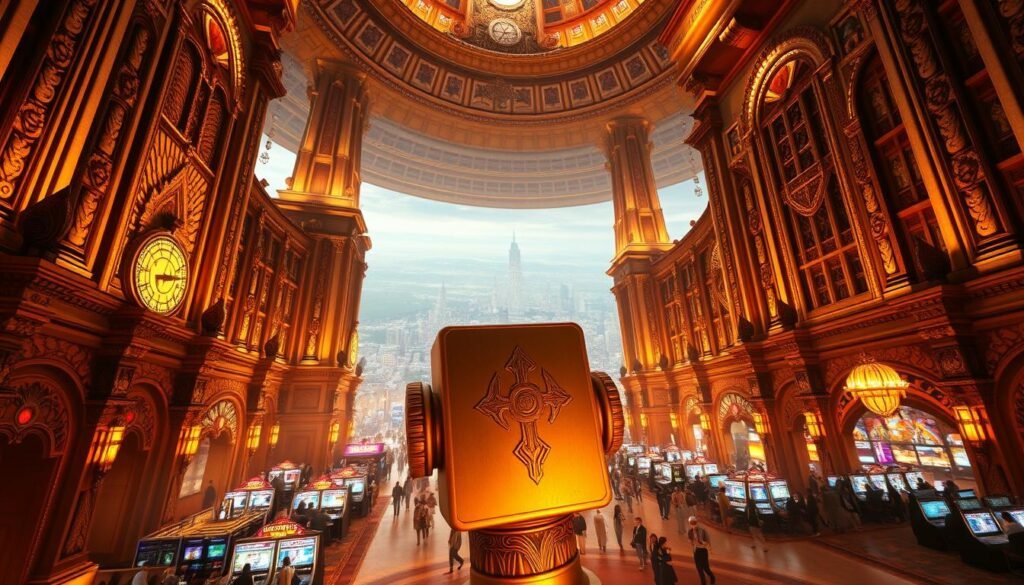 A magnificent palace of gaming, &quot;UTown&quot; stands tall, its grand architecture a testament to the might of the Norse god Thor. Intricate details adorn the facade, from the ornate carvings to the towering spires that reach for the heavens. The interior is a dazzling array of lights and sounds, drawing in throngs of eager patrons seeking the thrill of chance. In the foreground, a gilded statue of the mighty Mjolnir, Thor's legendary hammer, commands attention, while the background reveals a sprawling cityscape, a testament to the grandeur of this gaming oasis. Warm, golden lighting bathes the scene, creating an atmosphere of opulence and excitement. A wide-angle lens captures the grandeur of this remarkable establishment, inviting the viewer to step inside and experience the power of &quot;UTown&quot; for themselves.