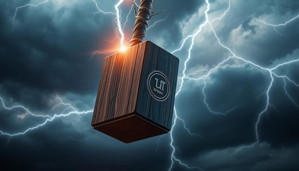A massive, intricate hammer suspended in the air, its head crackling with electricity. The handle is made of a dark, polished wood, with a UTown logo etched into the surface. Bolts of lightning arc across the hammer's surface, illuminating the scene with a dramatic, otherworldly glow. The background is a stormy, turbulent sky, with swirling clouds and flashes of lightning in the distance. The composition places the hammer as the focal point, commanding attention and conveying a sense of power and the might of the mythical &quot;雷神之鎚&quot;.