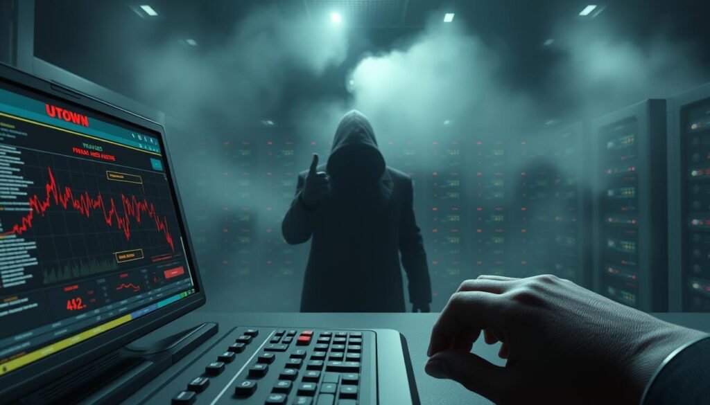 A meticulously crafted 3D scene depicting the fraudulent tactics employed by illicit "UTown" cryptocurrency trading platforms. In the foreground, a deceptive user interface with misleading buttons and gauges commands attention. The middle ground showcases a shadowy figure clandestinely siphoning funds, while the background reveals a sinister network of servers and databases obscured by an ominous haze. Dramatic lighting casts dramatic shadows, conveying a sense of danger and unease. The overall composition serves to warn viewers of the treacherous nature of unregulated "UTown" cryptocurrency platforms, underscoring the importance of utilizing official, authorized channels. A meticulously crafted 3D scene depicting the fraudulent tactics employed by illicit "UTown" cryptocurrency trading platforms. In the foreground, a deceptive user interface with misleading buttons and gauges commands attention. The middle ground showcases a shadowy figure clandestinely siphoning funds, while the background reveals a sinister network of servers and databases obscured by an ominous haze. Dramatic lighting casts dramatic shadows, conveying a sense of danger and unease. The overall composition serves to warn viewers of the treacherous nature of unregulated "UTown" cryptocurrency platforms, underscoring the importance of utilizing official, authorized channels.