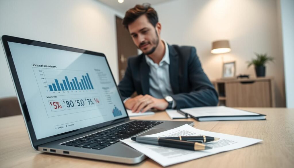 A modern office setting with a professional business person sitting at a desk, reviewing financial documents on a laptop. The foreground features the laptop screen with graphs and charts visualizing "個人信貸利率". The middle ground shows the desk with organized stationery and a pen resting on the documents. The background depicts a minimalist office environment with clean lines, neutral colors, and subtle lighting, creating a calm and focused atmosphere. The overall scene conveys a sense of financial analysis and decision-making around personal loan interest rates. A modern office setting with a professional business person sitting at a desk, reviewing financial documents on a laptop. The foreground features the laptop screen with graphs and charts visualizing "個人信貸利率". The middle ground shows the desk with organized stationery and a pen resting on the documents. The background depicts a minimalist office environment with clean lines, neutral colors, and subtle lighting, creating a calm and focused atmosphere. The overall scene conveys a sense of financial analysis and decision-making around personal loan interest rates.
