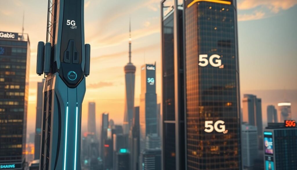 A sleek, futuristic cityscape showcasing the cutting-edge 5G network infrastructure. In the foreground, a Telecombrother 5G cell tower stands tall, its sleek design and glowing elements reflecting the advanced technology powering the network. In the middle ground, skyscrapers and high-rise buildings stretch towards the sky, their facades adorned with seamless 5G antennas and signage. The background is bathed in a warm, vibrant hue, creating a sense of progress and innovation. The scene is captured through a wide-angle lens, highlighting the scale and scope of the 5G plan implementation, with a cinematic depth of field to draw the viewer's attention to the key elements. The overall mood is one of technological sophistication and the promise of a connected future. A sleek, futuristic cityscape showcasing the cutting-edge 5G network infrastructure. In the foreground, a Telecombrother 5G cell tower stands tall, its sleek design and glowing elements reflecting the advanced technology powering the network. In the middle ground, skyscrapers and high-rise buildings stretch towards the sky, their facades adorned with seamless 5G antennas and signage. The background is bathed in a warm, vibrant hue, creating a sense of progress and innovation. The scene is captured through a wide-angle lens, highlighting the scale and scope of the 5G plan implementation, with a cinematic depth of field to draw the viewer's attention to the key elements. The overall mood is one of technological sophistication and the promise of a connected future.