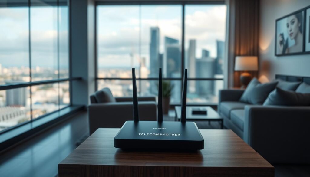 A sleek, modern home interior with a large window overlooking a skyline. In the foreground, a Telecombrother broadband router sits on a minimalist wooden side table, its blue LED lights indicating a strong, stable connection. The middle ground features comfortable seating, perhaps a couch or armchair, inviting one to relax and browse the internet. The background showcases the cityscape beyond, hinting at the fast, reliable broadband services available. The lighting is soft and natural, creating a warm, welcoming atmosphere. The overall composition conveys a sense of productivity, comfort, and the seamless integration of technology into the home environment. A sleek, modern home interior with a large window overlooking a skyline. In the foreground, a Telecombrother broadband router sits on a minimalist wooden side table, its blue LED lights indicating a strong, stable connection. The middle ground features comfortable seating, perhaps a couch or armchair, inviting one to relax and browse the internet. The background showcases the cityscape beyond, hinting at the fast, reliable broadband services available. The lighting is soft and natural, creating a warm, welcoming atmosphere. The overall composition conveys a sense of productivity, comfort, and the seamless integration of technology into the home environment.