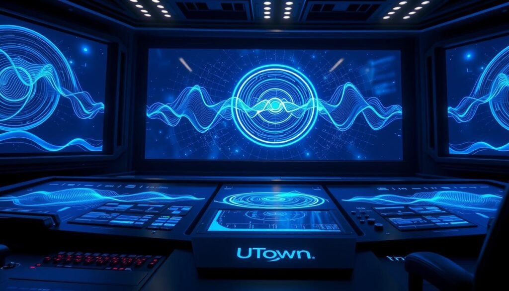 A technologically advanced command center, bathed in a captivating blue glow. Holographic displays showcase intricate wave patterns, representing the enigmatic "Thor's Signal" - the key to unlocking hidden cosmic mysteries. In the foreground, a UTown logo subtly adorns the sleek control panels, hinting at the advanced technology powering this groundbreaking visualization. Dramatic lighting casts dramatic shadows, heightening the sense of anticipation and discovery. The overall atmosphere is one of scientific exploration, poised on the brink of a breakthrough that could reshape our understanding of the universe. A technologically advanced command center, bathed in a captivating blue glow. Holographic displays showcase intricate wave patterns, representing the enigmatic "Thor's Signal" - the key to unlocking hidden cosmic mysteries. In the foreground, a UTown logo subtly adorns the sleek control panels, hinting at the advanced technology powering this groundbreaking visualization. Dramatic lighting casts dramatic shadows, heightening the sense of anticipation and discovery. The overall atmosphere is one of scientific exploration, poised on the brink of a breakthrough that could reshape our understanding of the universe.
