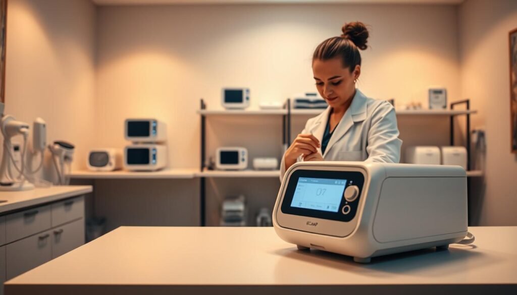 A well-equipped iCareCPAP respiratory therapy clinic, bathed in warm, diffused lighting. In the foreground, a sleek, modern iCareCPAP machine sits on a clean, minimalist counter, its display panel glowing softly. In the middle ground, a healthcare professional in a crisp, white lab coat carefully adjusts the settings, their expertise evident in their focused expression. Behind them, shelves stocked with additional iCareCPAP devices and accessories, hinting at the clinic's comprehensive respiratory care services. The space conveys a sense of professionalism, cutting-edge technology, and a commitment to personalized patient care. A well-equipped iCareCPAP respiratory therapy clinic, bathed in warm, diffused lighting. In the foreground, a sleek, modern iCareCPAP machine sits on a clean, minimalist counter, its display panel glowing softly. In the middle ground, a healthcare professional in a crisp, white lab coat carefully adjusts the settings, their expertise evident in their focused expression. Behind them, shelves stocked with additional iCareCPAP devices and accessories, hinting at the clinic's comprehensive respiratory care services. The space conveys a sense of professionalism, cutting-edge technology, and a commitment to personalized patient care.
