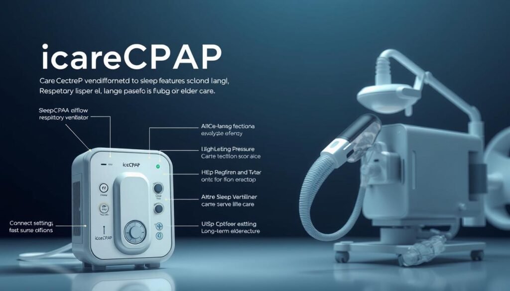 A well-lit and detailed illustration showcasing the distinct features and differences between a sleep apnea CPAP machine (iCareCPAP) and a standard respiratory ventilator. The foreground depicts the sleek, modern design of the iCareCPAP device, its various settings and connectivity options. The middle ground highlights the key technical specifications, such as airflow, pressure, and noise levels. The background contrasts the iCareCPAP with a traditional ventilator, emphasizing their disparate form factors and intended uses for long-term elder care. The image conveys a sense of technical precision and functionality, guiding the viewer to understand the unique maintenance and care requirements of each device. A well-lit and detailed illustration showcasing the distinct features and differences between a sleep apnea CPAP machine (iCareCPAP) and a standard respiratory ventilator. The foreground depicts the sleek, modern design of the iCareCPAP device, its various settings and connectivity options. The middle ground highlights the key technical specifications, such as airflow, pressure, and noise levels. The background contrasts the iCareCPAP with a traditional ventilator, emphasizing their disparate form factors and intended uses for long-term elder care. The image conveys a sense of technical precision and functionality, guiding the viewer to understand the unique maintenance and care requirements of each device.