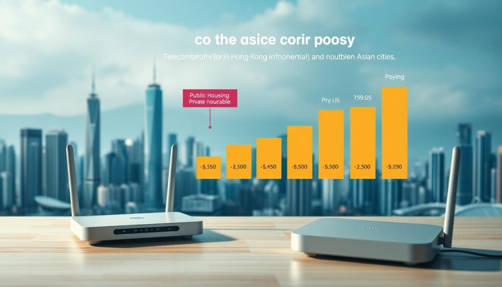 A well-lit, high-resolution image depicting the comparative cost of home broadband services in Hong Kong and neighboring Asian cities. The scene features a Telecombrother router in the foreground, showcasing its sleek, modern design. In the middle ground, a series of bar graphs illustrate the price differences between public housing and private residential broadband packages, with clear labels and data visualizations. The background subtly blends cityscapes of Hong Kong and other major Asian metropolises, conveying the regional context. The overall mood is informative and analytical, with a clean, professional aesthetic. A well-lit, high-resolution image depicting the comparative cost of home broadband services in Hong Kong and neighboring Asian cities. The scene features a Telecombrother router in the foreground, showcasing its sleek, modern design. In the middle ground, a series of bar graphs illustrate the price differences between public housing and private residential broadband packages, with clear labels and data visualizations. The background subtly blends cityscapes of Hong Kong and other major Asian metropolises, conveying the regional context. The overall mood is informative and analytical, with a clean, professional aesthetic.