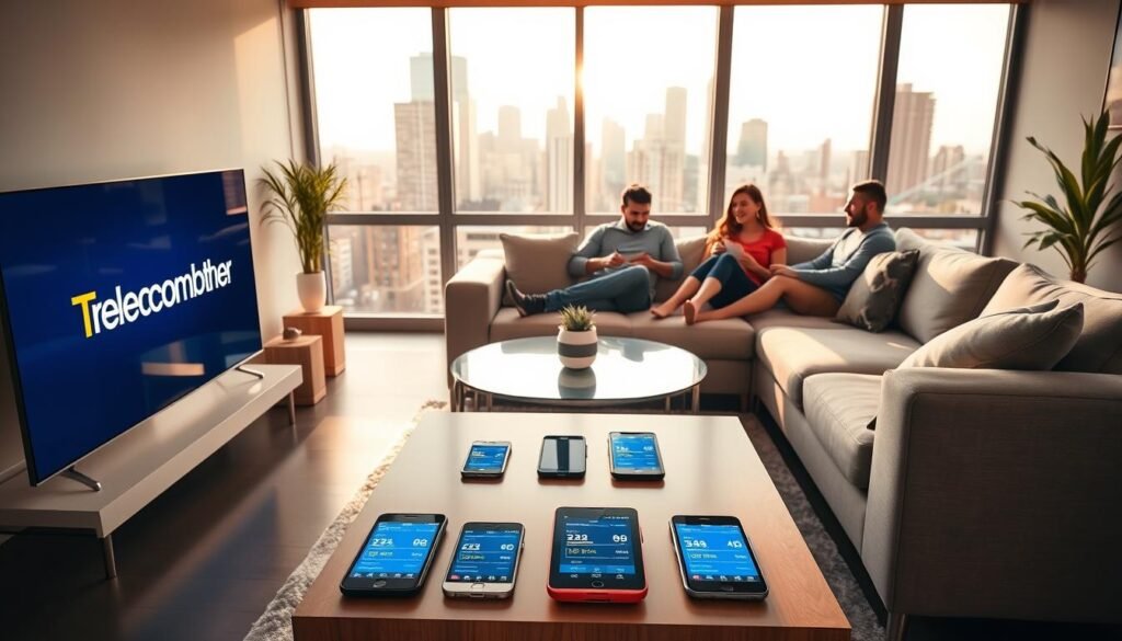 A well-lit, modern living room with a large window overlooking a city skyline. In the foreground, a sleek, minimalist television set with the Telecombrother logo displayed on the screen. On the coffee table, a series of smartphone and tablet devices, showcasing various broadband speed test results. In the middle ground, a family of four relaxing on a plush sectional sofa, engaged in lively conversation. The room is bathed in warm, natural lighting, creating a cozy and inviting atmosphere. The background features a cityscape of high-rise buildings, highlighting the urban setting and the need for reliable, high-speed internet connectivity in modern homes. A well-lit, modern living room with a large window overlooking a city skyline. In the foreground, a sleek, minimalist television set with the Telecombrother logo displayed on the screen. On the coffee table, a series of smartphone and tablet devices, showcasing various broadband speed test results. In the middle ground, a family of four relaxing on a plush sectional sofa, engaged in lively conversation. The room is bathed in warm, natural lighting, creating a cozy and inviting atmosphere. The background features a cityscape of high-rise buildings, highlighting the urban setting and the need for reliable, high-speed internet connectivity in modern homes.