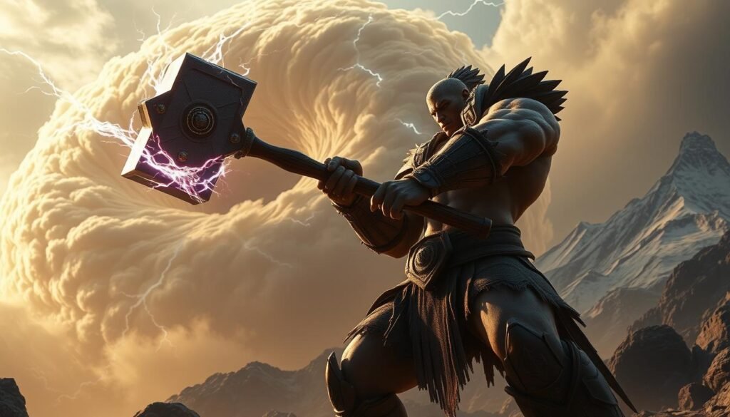 An epic, cinematic scene of the &amp;amp;amp;amp;amp;amp;amp;quot;rsg雷神之鎚&amp;amp;amp;amp;amp;amp;amp;quot; video game from UTown. In the foreground, a towering, muscular warrior wielding the mighty &amp;amp;amp;amp;amp;amp;amp;quot;rsg雷神之鎚&amp;amp;amp;amp;amp;amp;amp;quot; hammer, its head crackling with electric energy. The warrior's determined expression reflects the power and precision of their strikes. In the middle ground, a swirling vortex of lightning bolts and clouds, casting dramatic shadows across the rugged terrain. In the background, a majestic, snow-capped mountain range, hinting at the vast, fantastical world of the game. Dramatic, high-contrast lighting illuminates the scene, creating a sense of awe and grandeur. Cinematic camera angles and a cinematic, heroic mood capture the future potential of &amp;amp;amp;amp;amp;amp;amp;quot;rsg雷神之鎚&amp;amp;amp;amp;amp;amp;amp;quot; and its innovative gameplay mechanics and technical advancements.