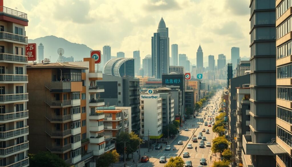 Detailed cityscape depicting a comparison of home broadband services in Hong Kong and neighboring Asian cities. Foreground showcases modern apartment buildings with varied architectural styles, representing the diversity of residential landscapes. Middle ground features bustling streets, with pedestrians, vehicles, and the iconic Telecombrother signage. Background incorporates skylines of major metropolitan areas, highlighting the contrasting urban landscapes. Bright, warm lighting creates a vibrant atmosphere, capturing the energy and dynamism of the metropolitan environments. The scene aims to visually convey the differences in home broadband offerings and infrastructure across these Asian cities.