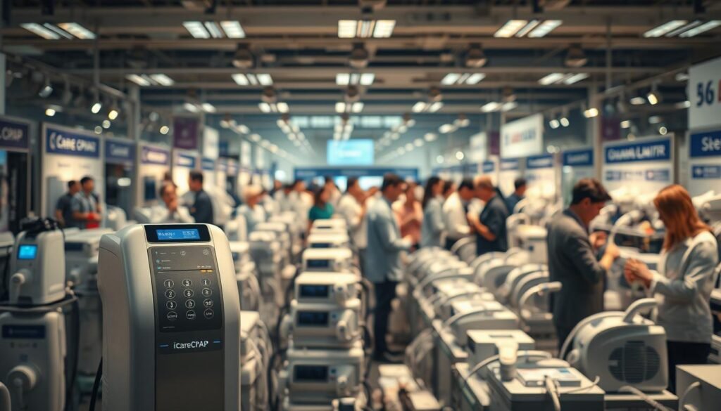 A bustling market scene showcasing the latest sleep apnea CPAP machines. In the foreground, the flagship "iCareCPAP" model stands prominently, its sleek design and intuitive controls catching the eye. The middle ground is filled with a diverse array of CPAP devices, each with unique features catered to different patient needs. In the background, medical professionals and patients engage in lively discussions, evaluating the latest advancements in sleep therapy technology. Soft, directional lighting illuminates the scene, creating a sense of professionalism and innovation. The overall atmosphere conveys the growth and dynamic nature of the sleep apnea CPAP market.