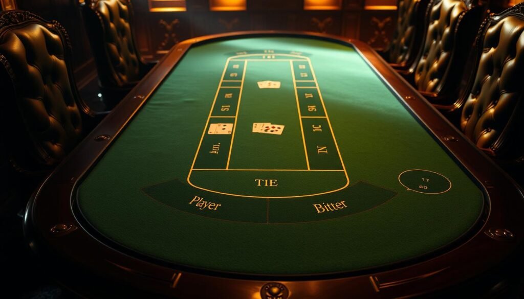 A detailed, dimly lit casino table with a green felt surface. The edges of the table are made of rich, dark wood, with intricate carvings and details. The table is surrounded by high-backed leather chairs, creating an atmosphere of exclusivity and sophistication. The lighting is subtle, with warm, golden tones that cast a gentle glow over the scene. In the center of the table, the classic baccarat layout is clearly visible, with spaces for the player, banker, and tie bets. The overall composition conveys the elegance and allure of the baccarat gaming experience.