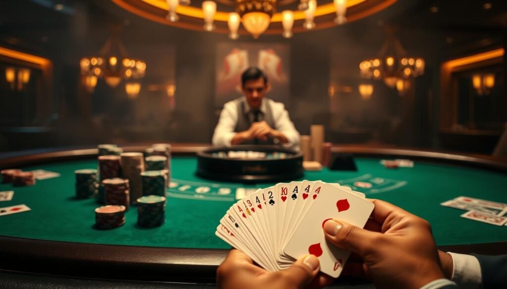 A dimly lit casino table, the green felt surface reflecting the warm glow of overhead lamps. Stacks of casino chips in various denominations are neatly arranged, alongside playing cards and a dealer's tray. In the foreground, a player's hands hold a fan of cards, their expression focused as they contemplate their next move, strategizing their baccarat gameplay. The background is hazy, evoking the atmospheric ambiance of a high-stakes gaming establishment. The scene conveys the cerebral nature of baccarat, where experienced players leverage their knowledge of the rules and probabilities to optimize their chances of success.