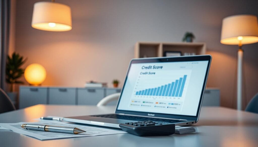 A sleek, modern office setting with a focus on financial documents and a laptop screen displaying a credit score graph. Soft, warm lighting from overhead lamps casts a subtle glow, creating a professional and aspirational atmosphere. In the foreground, a pen, a calculator, and a stack of papers arranged neatly, hinting at the process of improving one's credit. The middle ground features the laptop, its screen showing a detailed credit score chart with upward-trending lines, symbolizing the progress of credit enhancement. In the background, a minimalist bookshelf or wall decor adds depth and a sense of refinement to the scene. The overall composition conveys a sense of control, organization, and the attainable goal of improving one's financial standing. A sleek, modern office setting with a focus on financial documents and a laptop screen displaying a credit score graph. Soft, warm lighting from overhead lamps casts a subtle glow, creating a professional and aspirational atmosphere. In the foreground, a pen, a calculator, and a stack of papers arranged neatly, hinting at the process of improving one's credit. The middle ground features the laptop, its screen showing a detailed credit score chart with upward-trending lines, symbolizing the progress of credit enhancement. In the background, a minimalist bookshelf or wall decor adds depth and a sense of refinement to the scene. The overall composition conveys a sense of control, organization, and the attainable goal of improving one's financial standing.
