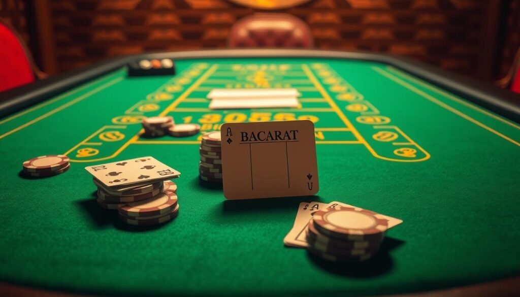 A visually striking tabletop scene showcasing the iconic gameplay of Baccarat. In the foreground, a green felt gaming table is prominently displayed, its edges adorned with intricate golden designs. Atop the table, a deck of playing cards, casino chips, and a single Baccarat hand score card create a sense of anticipation. Subtle lighting from above casts a warm, inviting glow across the scene, highlighting the elegance and sophistication of the Baccarat experience. In the background, a backdrop of rich, textured wood paneling adds depth and a sense of classic casino ambiance. The overall composition conveys the essence of the Baccarat rules, inviting the viewer to immerse themselves in the captivating world of this timeless card game.