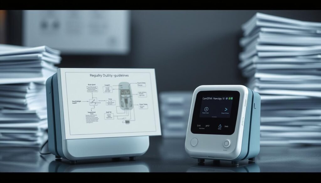A well-lit, high-resolution image of a sleek, modern iCareCPAP medical device displayed prominently in the foreground. The device features a clean, minimalist design with a digital display and intuitive controls. In the middle ground, a detailed schematic diagram illustrates the internal components and workings of the device. In the background, blurred but visible, are stacks of regulatory documents and policy guidelines, hinting at the comprehensive oversight and quality standards governing the production and use of this essential medical equipment. The overall scene conveys a sense of precision, reliability, and adherence to strict industry regulations.