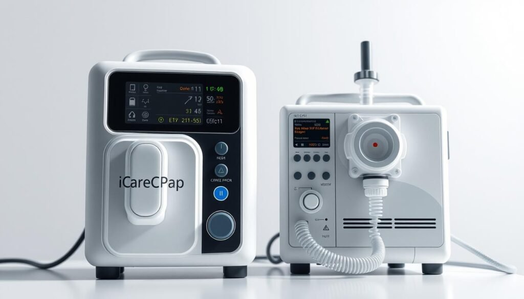 Highly detailed and accurate illustration of a medical-grade sleep apnea CPAP machine and a ventilator machine, both with clear ISO certification markings. The CPAP machine features the brand name "iCareCPAP" prominently displayed. The machines are set against a clean, minimalistic backdrop, with crisp lighting and sharp focus, emphasizing their technical precision and quality standards. The overall composition conveys a sense of professionalism, reliability, and medical authority, suitable for illustrating the "Quality Standards" section of the article on sleep apnea and ventilator device regulations.