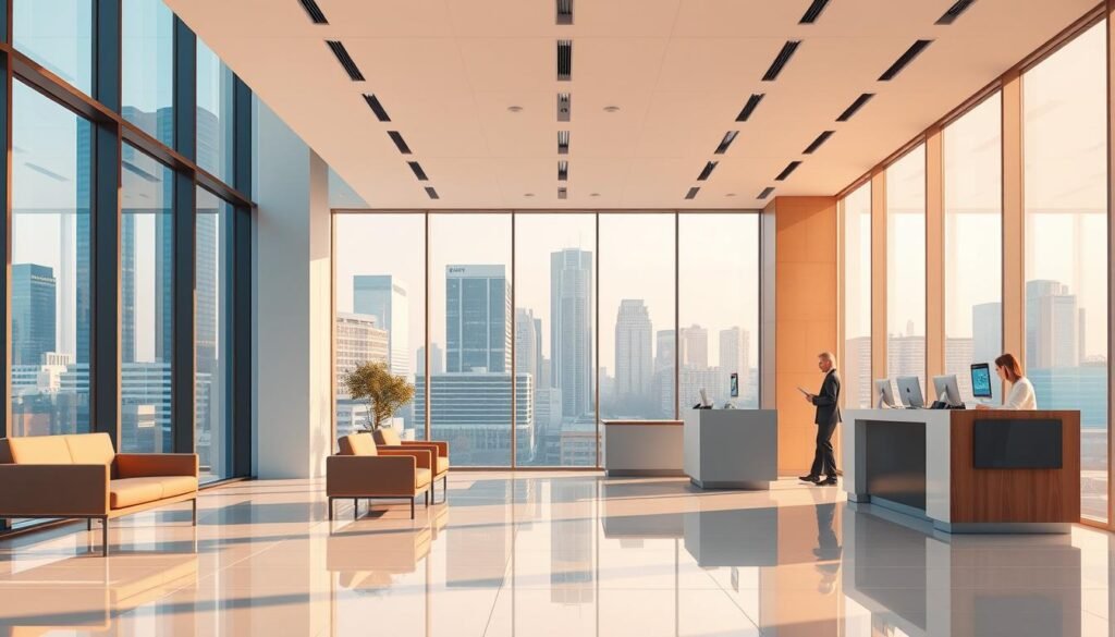 a highly detailed, photorealistic illustration of a modern bank branch interior, featuring large windows with a view of a bustling city skyline in the background. The foreground showcases a sleek, minimalist lobby with clean lines, contemporary furniture, and a prominent counter where bank tellers assist customers. The lighting is warm and natural, accentuating the high-quality materials and finishes. The overall atmosphere conveys a sense of professionalism, efficiency, and a customer-centric approach, without any signage or branding that would indicate a specific bank's name or identity. a highly detailed, photorealistic illustration of a modern bank branch interior, featuring large windows with a view of a bustling city skyline in the background. The foreground showcases a sleek, minimalist lobby with clean lines, contemporary furniture, and a prominent counter where bank tellers assist customers. The lighting is warm and natural, accentuating the high-quality materials and finishes. The overall atmosphere conveys a sense of professionalism, efficiency, and a customer-centric approach, without any signage or branding that would indicate a specific bank's name or identity.