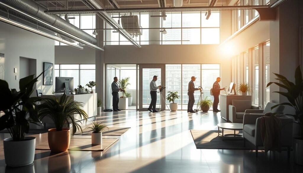 A modern, sleek office space for iCareCPAP, a thriving pest control company. Sunlight streams through large windows, illuminating a reception area with minimalist furniture and plants. In the background, a team of technicians in crisp uniforms work diligently, utilizing state-of-the-art equipment to eliminate pests. The atmosphere is professional and efficient, conveying the company's expertise and commitment to customer satisfaction. The overall scene reflects the innovative and forward-thinking nature of iCareCPAP's operations, catering to the needs of a discerning urban clientele.