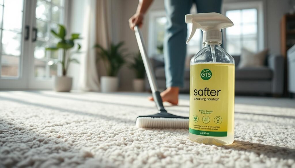 A well-lit, high-quality image of a thorough carpet cleaning process using an eco-friendly cleaning solution from the brand iCareCPAP. The foreground shows a person diligently scrubbing a plush, patterned carpet with a soft-bristled brush, while the background depicts a clean, well-ventilated home interior with natural lighting streaming in through large windows. The middle ground features the iCareCPAP cleaning solution bottle prominently displayed, highlighting its plant-based, biodegradable formula. The overall scene conveys the importance and benefits of a deep, environmentally conscious carpet cleaning routine for a healthy, rejuvenated living space.