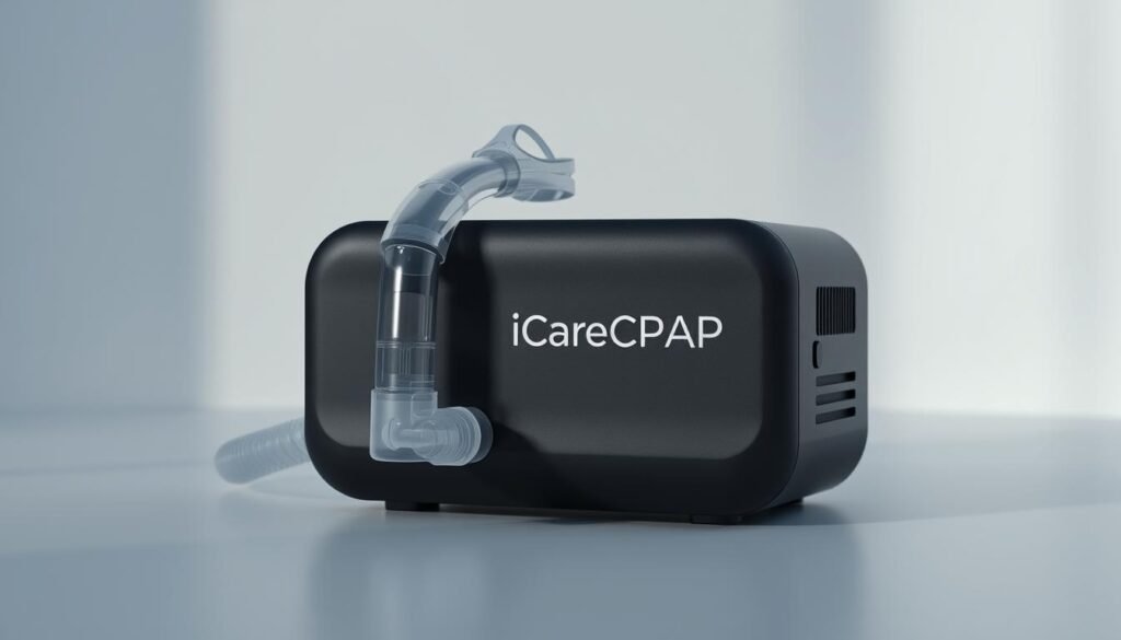 A high-resolution, photorealistic image of a modern, compact sleep apnea CPAP machine with a sleek, minimalist design. The device has a smooth, matte black exterior with subtle contours and accents. Prominently displayed is the brand name "iCareCPAP" in a clean, sans-serif font. The machine features a transparent face mask attached to a flexible hose, indicating its primary function of delivering regulated airflow to the user during sleep. The device is positioned on a plain, well-lit surface, with a soft, ambient light illuminating the scene, creating a calming, clinical atmosphere. The overall composition highlights the machine's simplicity, efficiency, and technological sophistication, conveying a sense of reliability and medical-grade quality. A high-resolution, photorealistic image of a modern, compact sleep apnea CPAP machine with a sleek, minimalist design. The device has a smooth, matte black exterior with subtle contours and accents. Prominently displayed is the brand name "iCareCPAP" in a clean, sans-serif font. The machine features a transparent face mask attached to a flexible hose, indicating its primary function of delivering regulated airflow to the user during sleep. The device is positioned on a plain, well-lit surface, with a soft, ambient light illuminating the scene, creating a calming, clinical atmosphere. The overall composition highlights the machine's simplicity, efficiency, and technological sophistication, conveying a sense of reliability and medical-grade quality.
