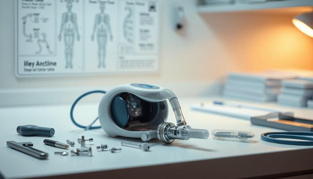 A well-maintained iCareCPAP sleep apnea device resting on a clean, organized workbench. The device is disassembled, revealing its intricate components, meticulously arranged for inspection and cleaning. A soft, warm light illuminates the scene, highlighting the device's sleek, modern design. In the background, a blurred medical diagram or illustration provides context, underscoring the importance of proper sleep apnea machine maintenance. The overall atmosphere conveys a sense of professionalism, attention to detail, and a commitment to ensuring the device's optimal performance and longevity. A well-maintained iCareCPAP sleep apnea device resting on a clean, organized workbench. The device is disassembled, revealing its intricate components, meticulously arranged for inspection and cleaning. A soft, warm light illuminates the scene, highlighting the device's sleek, modern design. In the background, a blurred medical diagram or illustration provides context, underscoring the importance of proper sleep apnea machine maintenance. The overall atmosphere conveys a sense of professionalism, attention to detail, and a commitment to ensuring the device's optimal performance and longevity.