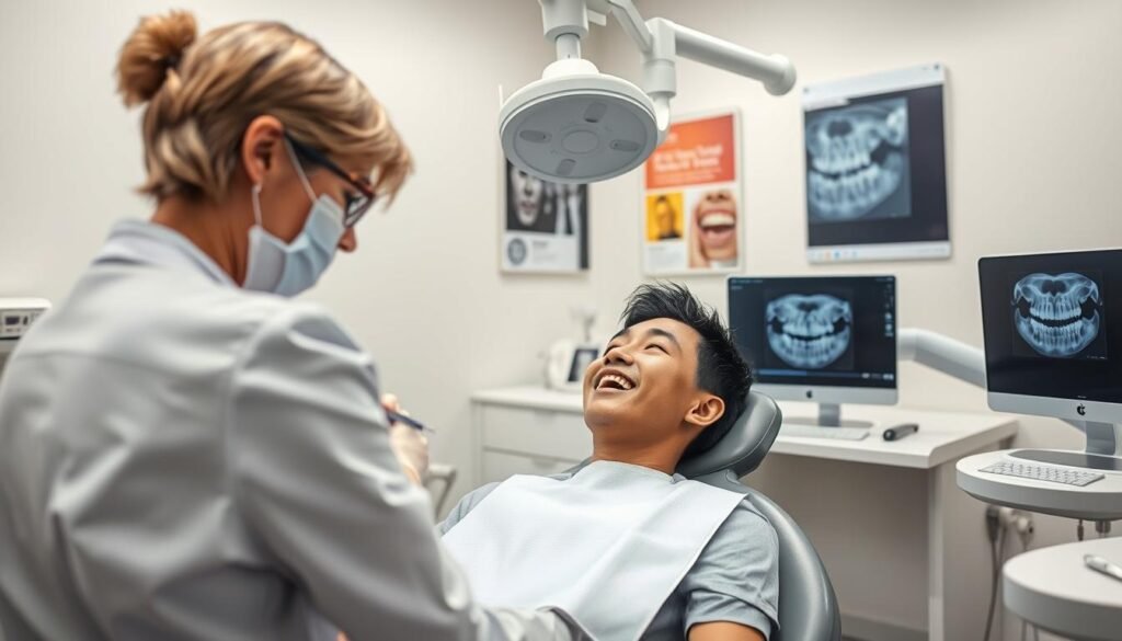 A dental clinic interior, featuring a dentist in professional attire examining a patient's mouth during a routine dental check-up for wisdom teeth. The foreground shows the dentist, a middle-aged Caucasian woman, focused and using dental tools. The middle section captures the patient, a young Asian man, sitting calmly in a dental chair with a protective bib. A dental X-ray machine is visible, along with digital screens displaying wisdom tooth X-rays on the side. The background features dental posters and a well-organized workspace with tools and equipment. Soft, bright lighting enhances the clean, clinical atmosphere, creating a feeling of professionalism and care.