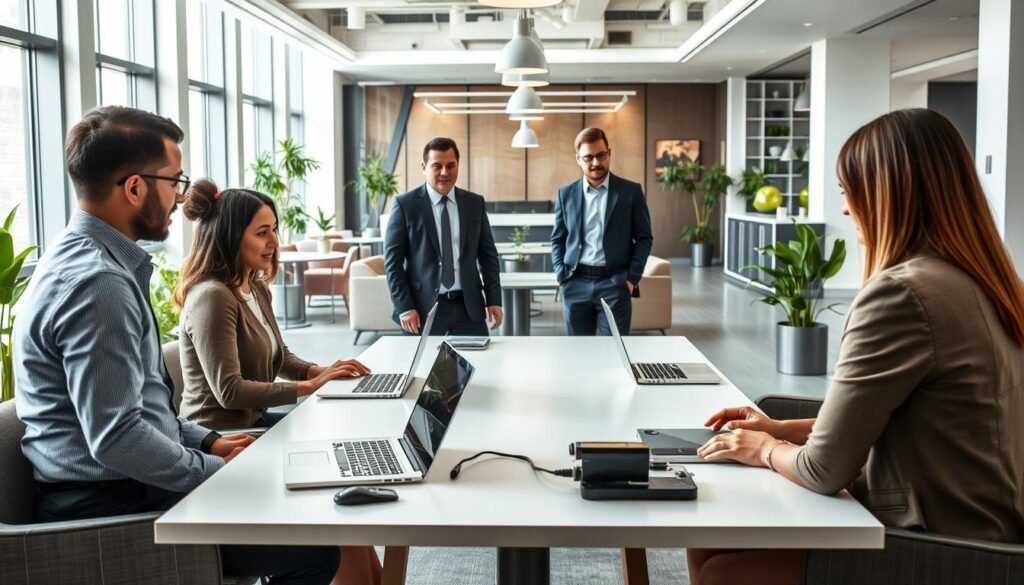A modern, stylish co-working space showcasing the advantages of serviced office rentals. In the foreground, a diverse group of professionals in business attire are engaged in a collaborative discussion around a sleek conference table with laptops and digital devices. The middle ground features a vibrant workspace filled with comfortable seating, greenery, and natural light streaming through large windows. In the background, a subtle glimpse of a professional reception area enhances the business atmosphere. The lighting is bright and welcoming, creating a productive and focused vibe. Capture the mood of innovation and teamwork, emphasizing the benefits of flexible, fully-equipped office solutions. The image should evoke a sense of professionalism and modernity without any text or branding elements.