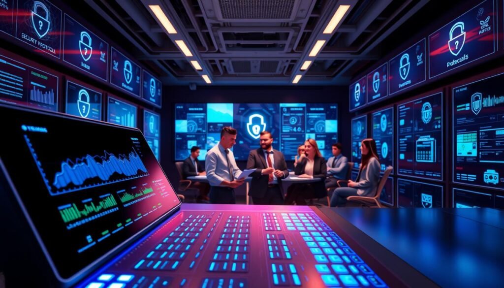 A digital illustration of the "3A Entertainment Platform Security Protection System", showcasing its advanced features for user safety. In the foreground, a sleek, modern control panel displays vibrant graphs and security metrics, illuminated by soft blue LED lights. The middle ground features a diverse group of professionals, dressed in business attire, engaged in a collaborative meeting, with expressions of focus and determination. In the background, a futuristic office space equipped with high-tech screens displays security protocols and digital locks. The lighting is soft and ambient, enhancing a sense of trust and innovation. The overall atmosphere communicates professionalism, security, and reliability, appealing to users seeking a safe entertainment platform.