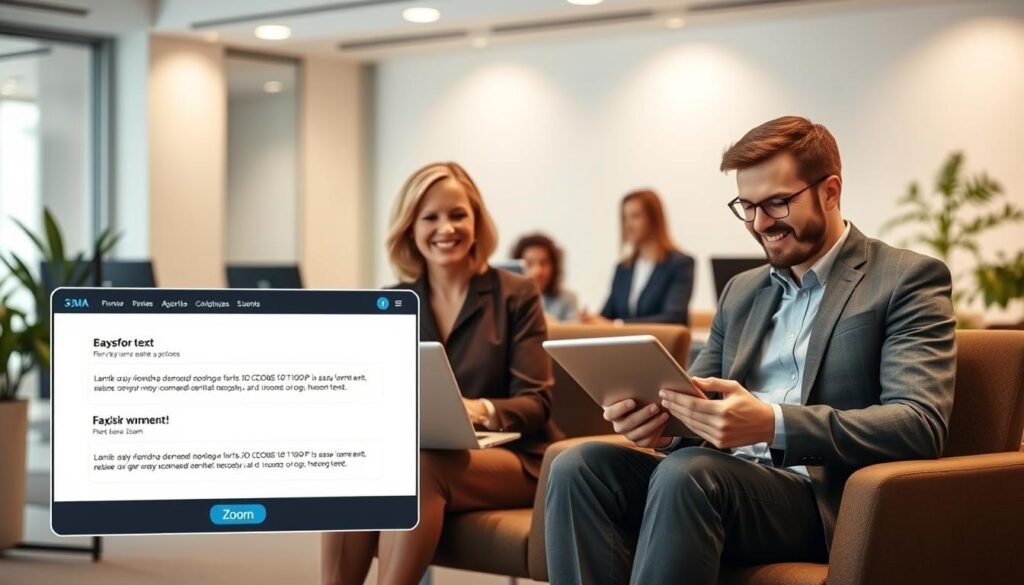A modern user interface design showcasing the "3A Entertainment Visual Zoom Function." In the foreground, display a user-friendly webpage interface featuring large, easily readable text options with a prominent zoom button. In the middle ground, depict a diverse group of users, including a middle-aged woman in professional attire and a young man in a smart casual outfit, both engaging with the interface on laptops and tablets, expressing satisfaction. In the background, illustrate a sleek office environment with soft, warm lighting, emphasizing a comfortable and accessible workspace. The overall mood should convey innovation and inclusivity, focusing on the advantages of enhanced accessibility features that cater to varying font size needs.