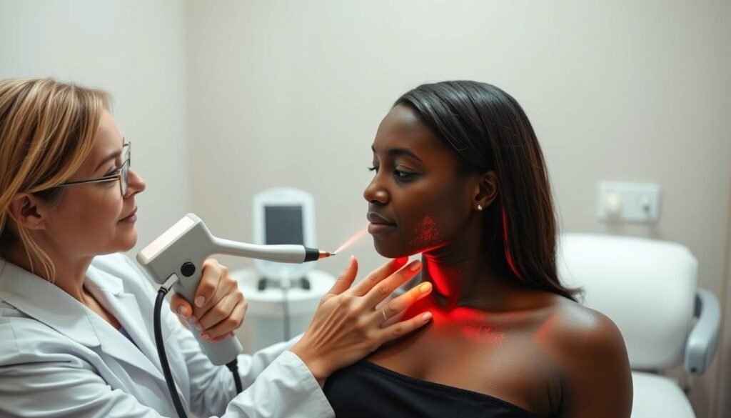 A professional setting depicting a laser hair removal treatment session focused on mild folliculitis. In the foreground, a clinician in a white coat examines a patient with slightly darker skin tones, gently holding a laser device. The middle ground features a treatment chair and equipment neatly arranged, illustrating a clean clinic environment. Soft, diffused lighting highlights the details of the patient’s skin, showcasing areas affected by ingrown hairs and hyperpigmentation. In the background, neutral-colored walls create a calming atmosphere, subtly enhancing the sense of professionalism and care. The overall mood is reassuring, emphasizing safety and a positive experience in addressing skin issues through advanced laser technology.