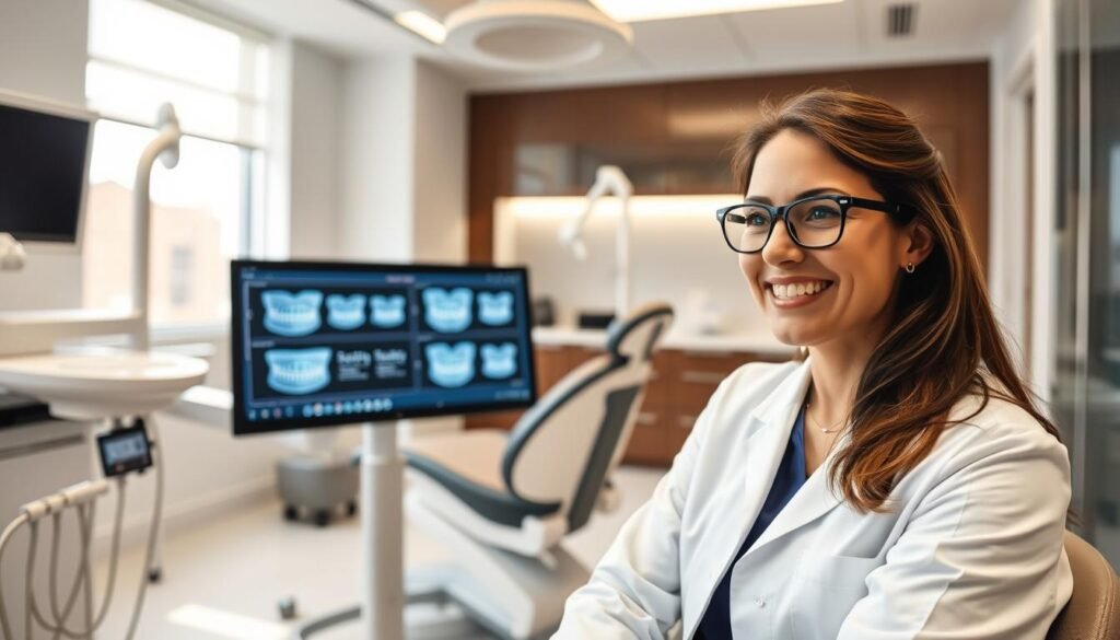 A modern dental consultation room focused on Invisalign. In the foreground, a confident, professional female dentist in a white coat and glasses discusses treatment options with a smiling patient, both seated comfortably. The middle ground features a sleek digital display showcasing 3D models of teeth, alongside advanced dental equipment. The background reveals bright, inviting colors, emphasizing a clean and calming atmosphere, with soft white lighting to enhance the feeling of professionalism. Large windows allow natural light to illuminate the space, adding warmth. The overall mood is one of trust and innovation, reflecting the high standards of dental care in a contemporary setting.