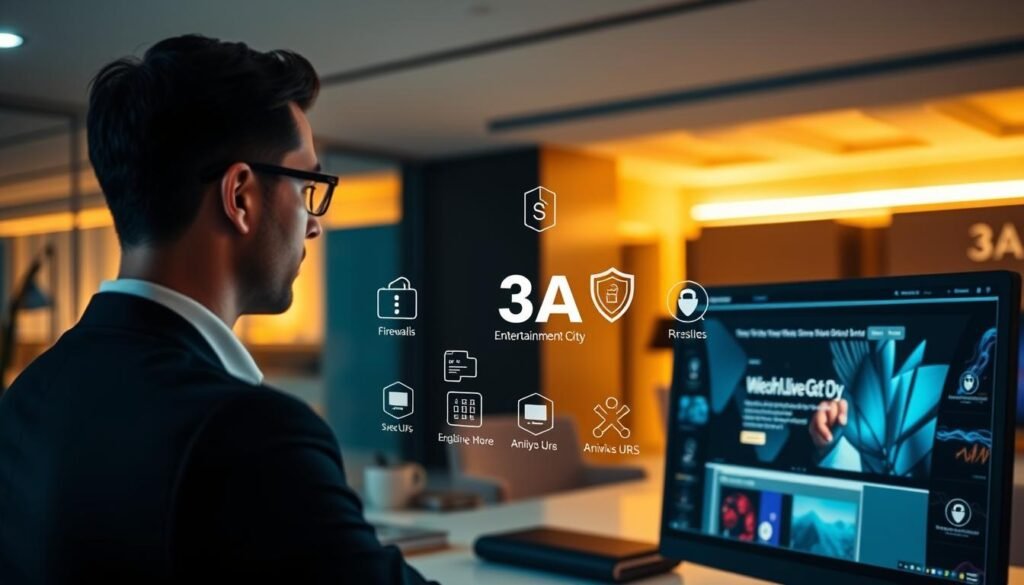 A modern office environment with a focus on digital security. In the foreground, a professional individual in business attire is attentively analyzing a computer screen displaying a website interface, specifically the "3A Entertainment City" homepage. The screen is glowing softly, highlighted with vibrant digital graphics. In the middle, an array of security measures like firewalls and antivirus software logos are subtly integrated, suggesting a theme of online safety. The background features a sleek, minimalist office with warm lighting that creates a calm yet alert atmosphere, emphasizing the importance of verifying URLs. The mood is serious and focused, underscoring the critical message of online security and integrity. No text or branding is present in the image.