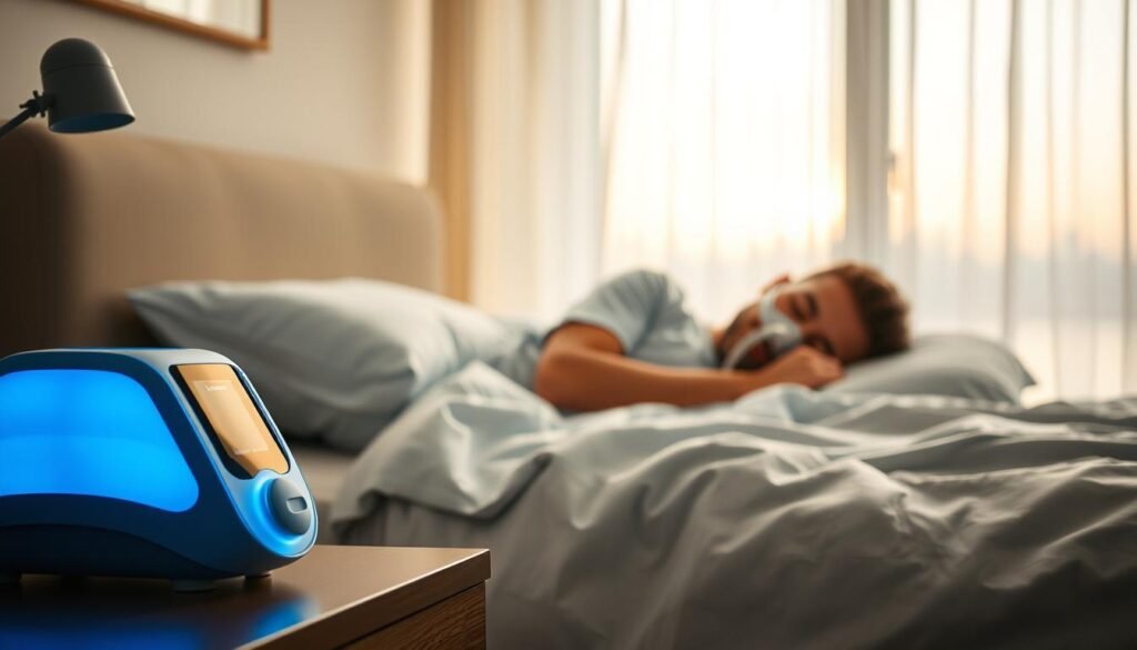 A serene bedroom setting depicting a modern sleep apnea machine placed on a bedside table in the foreground. The machine emits a gentle blue light, subtly illuminating the area. In the middle ground, a person in professional sleep attire is peacefully sleeping, with a comfortable pillow and blanket, illustrating the use of the machine. In the background, a window reveals a soft dawn light filtering through sheer curtains, creating a calming atmosphere. The overall mood is tranquil and restorative, highlighting the connection between restful sleep and cardiovascular health. Soft focus and warm lighting enhance the peaceful ambiance, with a slight tilt angle to suggest depth and perspective.