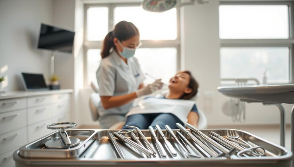 A serene dental clinic in Hong Kong with a bright, clean atmosphere. In the foreground, a dental hygienist in professional attire is gently performing teeth cleaning on a patient seated in a modern dental chair. The hygienist uses specialized tools, showcasing the importance of dental hygiene. In the middle ground, dental instruments are neatly organized on a stainless steel tray, emphasizing the professionalism of the setting. In the background, large windows allow natural light to pour in, illuminating the space with a calming glow. The mood is one of safety, cleanliness, and care, inspiring trust in dental health practices. The angle captures both the hygienist and the patient, focusing on their attentive interaction, without any text or distractions.