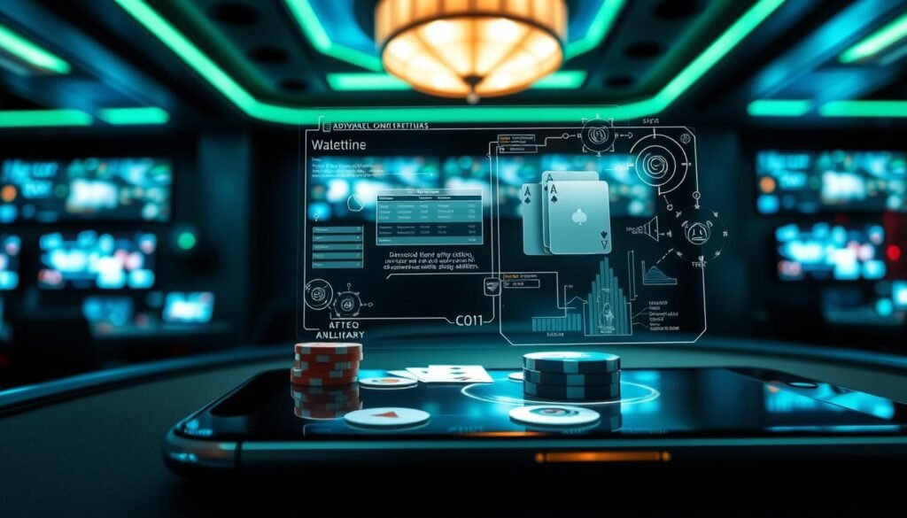 A visually striking illustration of a high-tech gaming monitoring system in an online poker setting. In the foreground, display a sleek smartphone with a realistic poker interface, featuring chips and cards, reflecting a player's hand. In the middle ground, show a glowing, transparent overlay of advanced software algorithms and data analytics visualizations, indicating real-time cheating detection. In the background, create a dimly lit, sophisticated gaming room ambiance with soft LED lights and screens displaying surveillance feeds. Capture a professional yet engaging atmosphere, highlighting the precision and efficiency of UG Entertainment’s monitoring system. Use cool tones to convey a sense of technology and security, with a hint of blue and green lighting illuminating the scene.