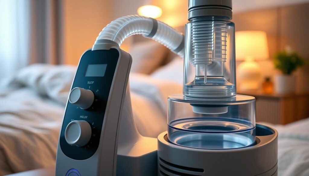 A close-up view of a modern sleep apnea machine with a focus on its adjustable humidifier settings. In the foreground, highlight the sleek control panel featuring dials and digital display, showcasing various humidity levels. The middle ground presents the comprehensive design of the machine, with a soft, transparent water reservoir visible, demonstrating the humidifying function. In the background, a softly lit, cozy bedroom ambiance creates a serene atmosphere, with a bedside table and soft bedding, contributing to a sense of relaxation. The lighting is warm and inviting, casting gentle shadows. The angle captures the machine from a slightly elevated perspective, emphasizing its importance in promoting better sleep health.