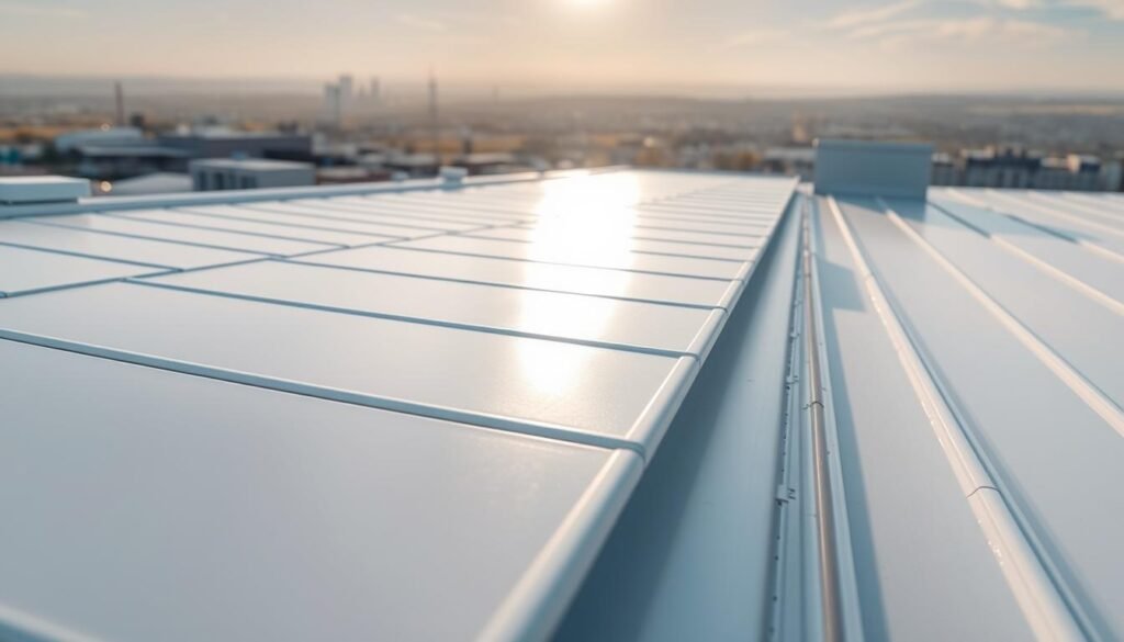 A close-up view of flat roofing sheets installed on a commercial building, showcasing their sleek, linear design in a light, reflective color. The foreground features smooth, overlapping sheets, accentuating their modern texture and finishes. In the middle ground, the sheets merge seamlessly with a clear sky reflecting their sheen, highlighting the benefits of reflective coatings. The background consists of a distant city skyline under the warm glow of a late afternoon sun, enhancing the professional ambiance. The image captures a sense of innovation and efficiency, with soft, natural lighting that emphasizes the roofing materials’ features. Shoot from a slight angle to illustrate the profile and arrangement of the sheets, creating an immersive and informative atmosphere.