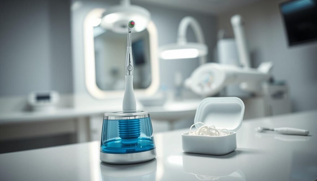 A dental care scene focused on dental implant maintenance, featuring a modern water flosser and dental floss, highlighted on a clean, well-lit countertop. In the foreground, the water flosser with water stream is clearly visible, demonstrating its use. The dental floss container is open, with a strand of floss in use, showcasing proper technique. The middle ground includes a dental mirror and tools, subtly indicating a professional setting. The background features a softly blurred dental clinic with bright, inviting lighting, emphasizing a clean and hygienic atmosphere. Capture a sense of calm and professionalism, ensuring an educational vibe without any people present. The overall composition should be structured and organized, focusing on demonstrating effective and attentive dental hygiene practices for implant care.