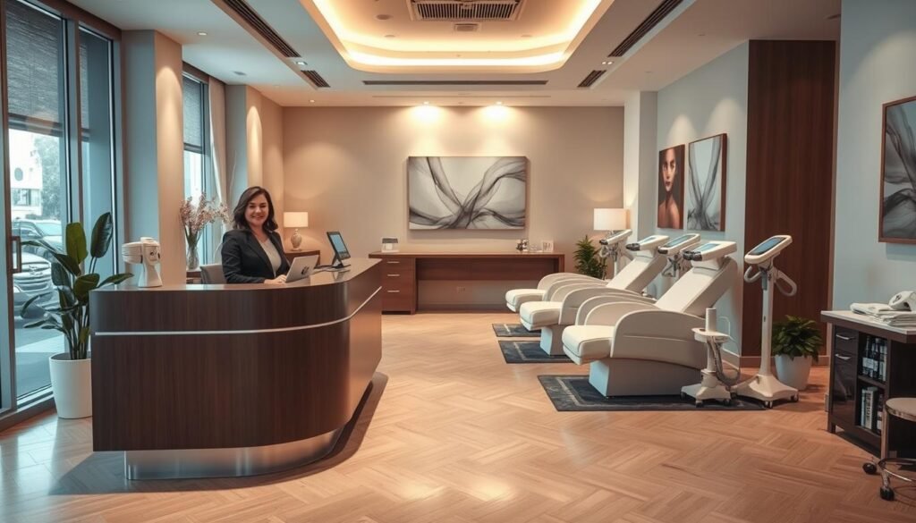 A modern, professional hair removal clinic interior showcasing a range of services. In the foreground, a stylish, well-organized reception area with a friendly receptionist in professional attire. The middle ground features an elegant treatment room equipped with advanced hair removal devices and comfortable treatment chairs, emphasizing a clean and sophisticated aesthetic. The background displays serene wall art and ambient lighting, creating a calming atmosphere. Soft, natural light filters in through large windows, casting gentle shadows. The overall mood is inviting and professional, reflecting a commitment to customer care in personal grooming services. The image should have a warm color palette, focusing on light browns and creams for a welcoming feel.